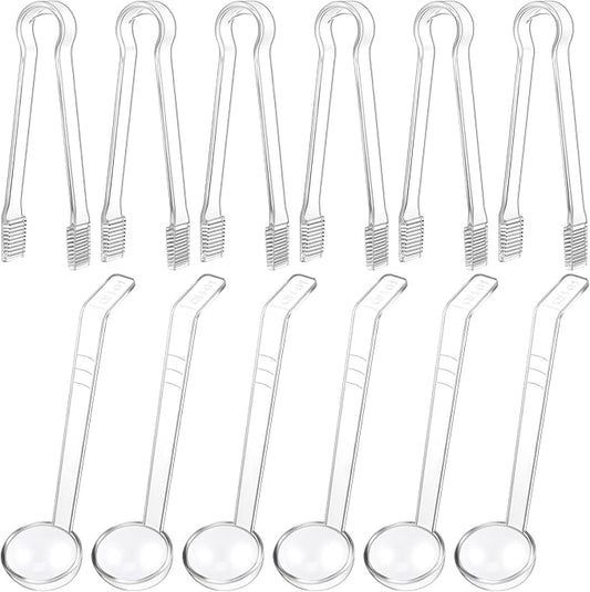 12 Pieces Plastic Serving Utensils Set Including 6 Pcs 1 oz Small Ladle and 6 Pcs Tong Acrylic Long Handle Ladle for Serving Sauce, Soup, Dressing, Punch Bowl, Gravy for Party Banquet Catering(Clear)