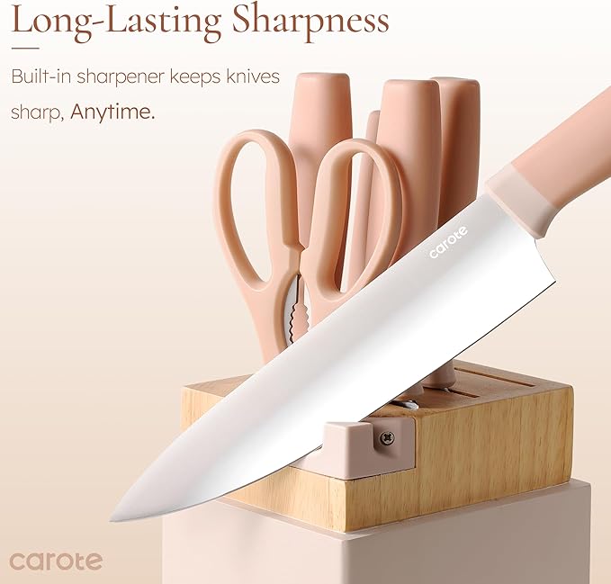 CAROTE 9 Pieces Kitchen Knife Block Set with Sharpener, Dishwasher Safe Knives for Kitchen, Forged Cutlery with Razor-Sharp Stainless Steel Blades, Pink