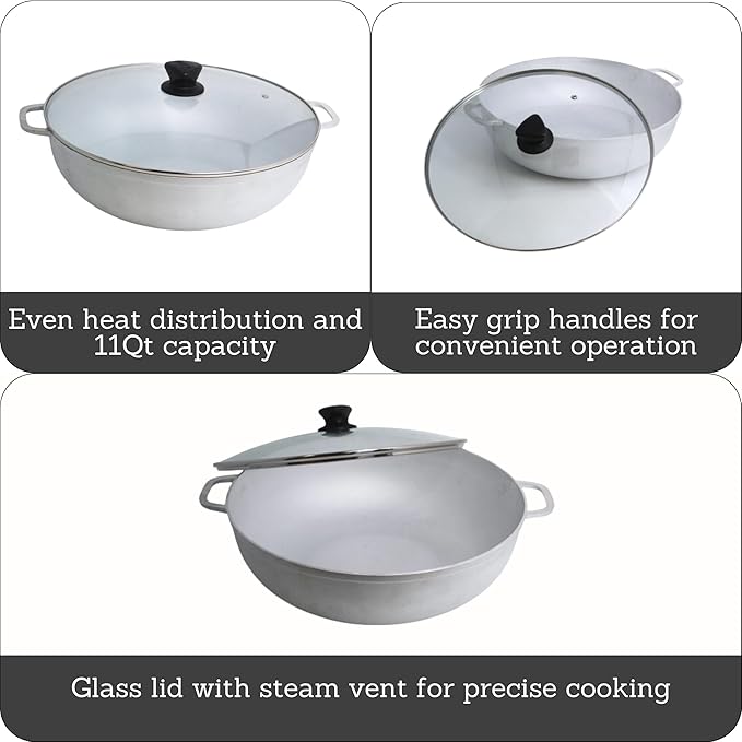 IMUSA Caldero Stock Pot with Glass Lid 11QT, 36cm, Cast Aluminum, Perfect for Serving Big & Medium Groups, Riveted Handles, Made in Colombia, Silver