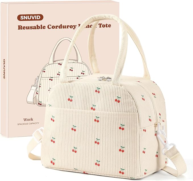 Lunch Box for Women Adults, Reusable Cute Corduroy Lunch Tote Box with Large Capacity, Insulated Lunch Bag with Adjustable Shoulder Strap, Perfect for Work, Picnic, Office or Travel
