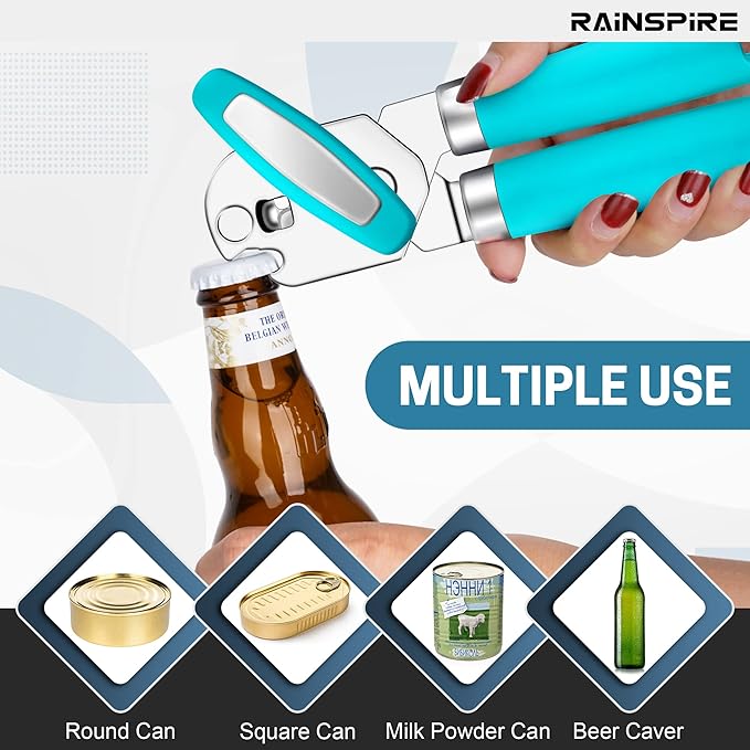 Rainspire Can Opener Manual Handheld Strong Manual Can Opener Smooth Edge Cut, Can Opener Heavy Duty, Comfortable Soft Handle, Built-in Bottle Opener, Blue