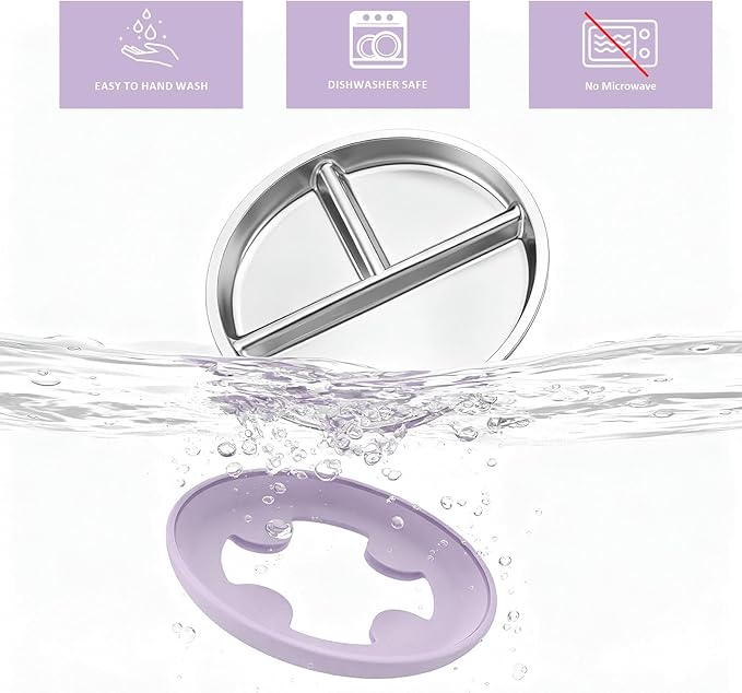 Stainless Steel Suction Plates for Toddlers, 9" Divided Kids Baby Plates with Removable Silicone Suction, Non Toxic Non Slip Portion Control Snack Dishes 3 Packs, Pink Beige Lilac