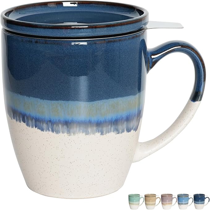 Bosmarlin Ceramic Tea Cup with Infuser and Lid, 16 Oz, 5 Colors to Choose, Dishwasher and Microwave Safe, Reactive Glaze, Steeping Tea Mug with Strainer (Deep Blue)