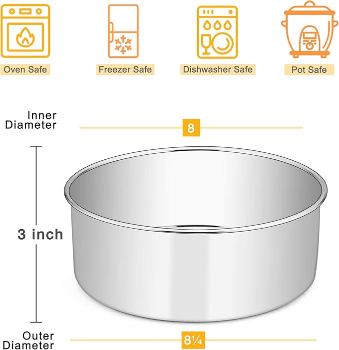 E-far 8 x 3 Inch Round Cake Pans, Stainless Steel Deep Cake Baking Pan Tin for Birthday Wedding Party Chiffon Cheesecake, Healthy & Non-Toxic, Straight Side & Dishwasher Safe - Set of 2