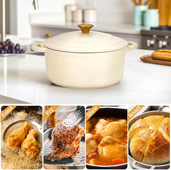 Parmedu 5.5QT Enameled Cast Iron Dutch Oven with Lid, Cream White Heavy Duty Pot for Sourdough, Bread Baking, Soup, Stews & Roasting with Recipe, Heat-Resistant Grips, Potholder, Cleaning Sponge