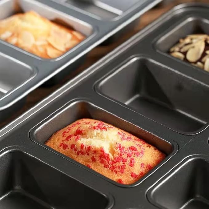 2 Packs 8 Cavity Non-Stock Mini Loaf Pan with Silicone Handle, Mini Bread Loaf Baking Pan Mini Brownie Pan Cheesecake Mould Rectangular Bar