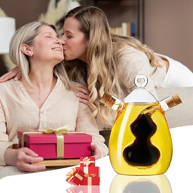 PARACITY Oil and Vinegar Dispenser Bottle 2 in 1, Olive Oil Dispenser Bottle for Kitchen with Cork Stoppers, 12OZ Transparent Glass Vinegar Dispenser