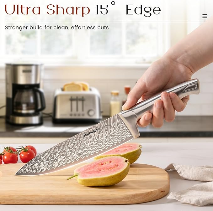 Astercook Knife Set, 15 Pieces Knife Sets for Kitchen with Block, Ultra-Sharp German High Carbon Stainless Steel Knife Block Sets with Built-in Sharpener, Dishwasher Safe Knives Set for Kitchen