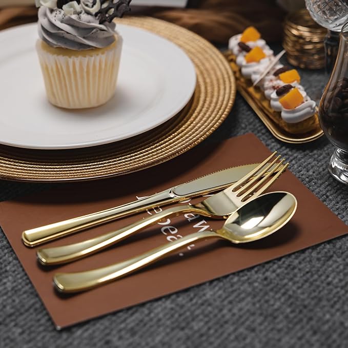 N9R 200PCS Gold Plastic Silverware, Heavy Duty Disposable Cutlery Set for Parties, gold forks and spoons disposable Includes 100 Spoons and 100 Forks for Wedding, Birthday, Dinner