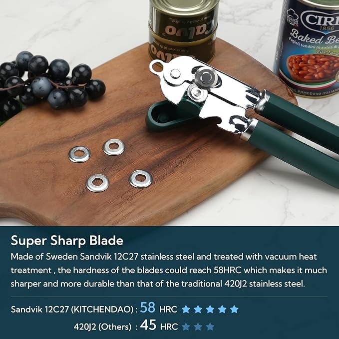 KITCHENDAO Manual Can Opener, Super Sharp Sandvik 12C27 Blade, Handheld Can Opener with Magnet, Smooth Edge Cut, Soft Grip, Oversized Knob for Seniors & Arthritis, Easy to Use, Green