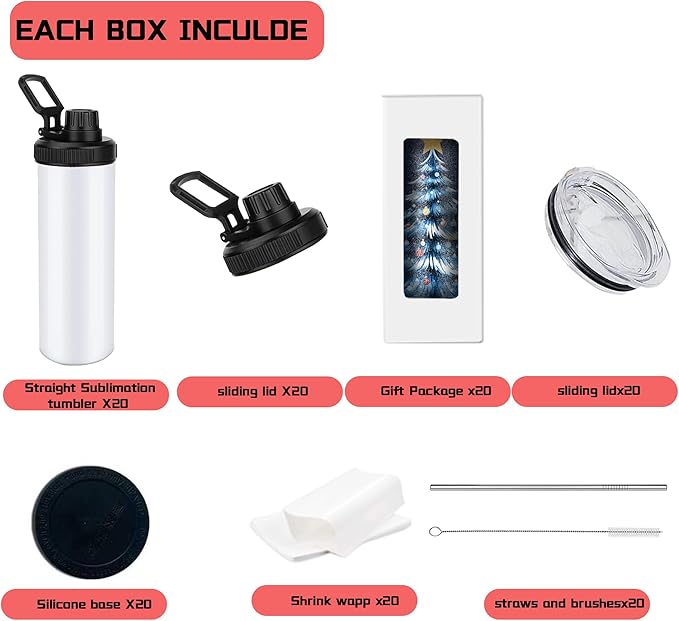 20oz sublimation sport tumblers blanks ，flat edge sublimation tumblers，double wall stainless steel insulted cup，for Heat Transfer, White (20, with spout lid)