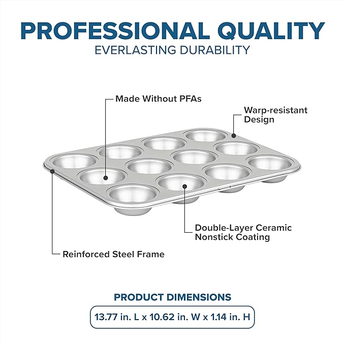Viking Premium Nonstick Ceramic Muffin Pan, Made without PFAS, 12 Cup Heavy Gauge Aluminized Steel Cupcake Baking Pan with Reinforced Iron Frame, Even Heating Muffin Tin, Oven Safe for 475F, Silver