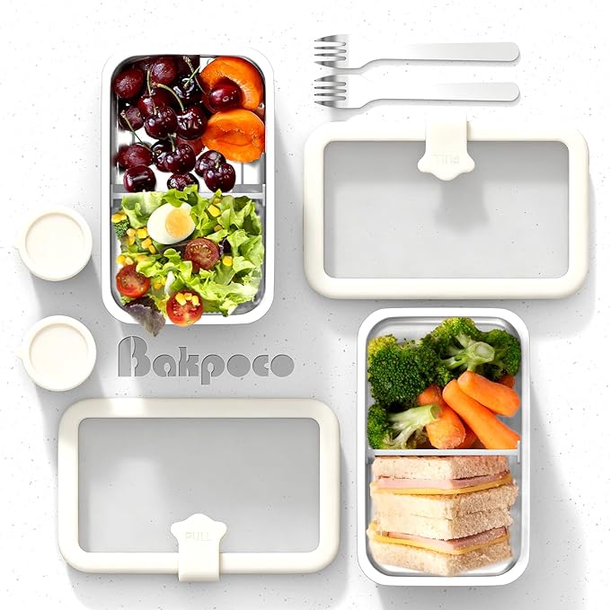 Stainless Steel Bento Box for Adult, 42oz Leak-Proof Metal Lunch Box Containers with Adjustable Divider, Microwave-Safe, Lunchbox with Glass Lid for Work Travel