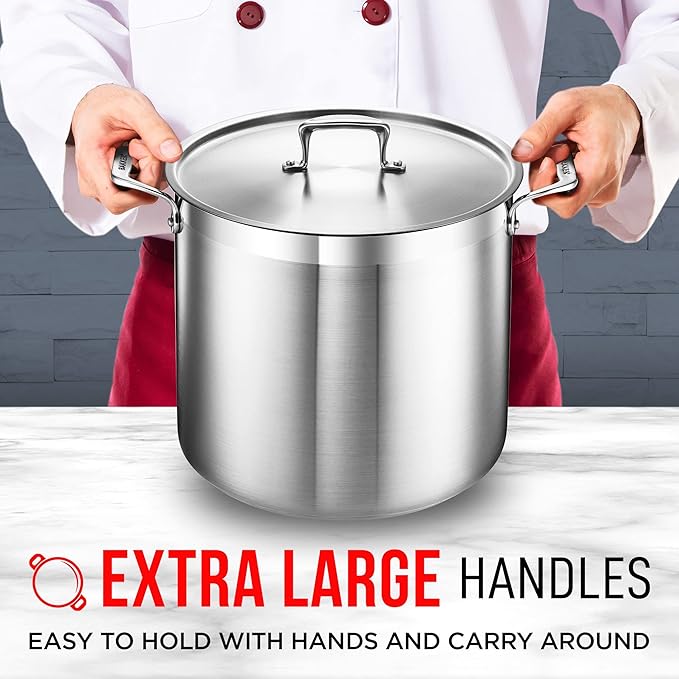 Stainless Steel Stockpot with Lid 24 Quart, Durable 18/8 Stainless Steel, Impact-Bonded Base for Even Heating, Riveted Handles, Oven & All Stove Compatible, Safe Up To 500°F (260°C)