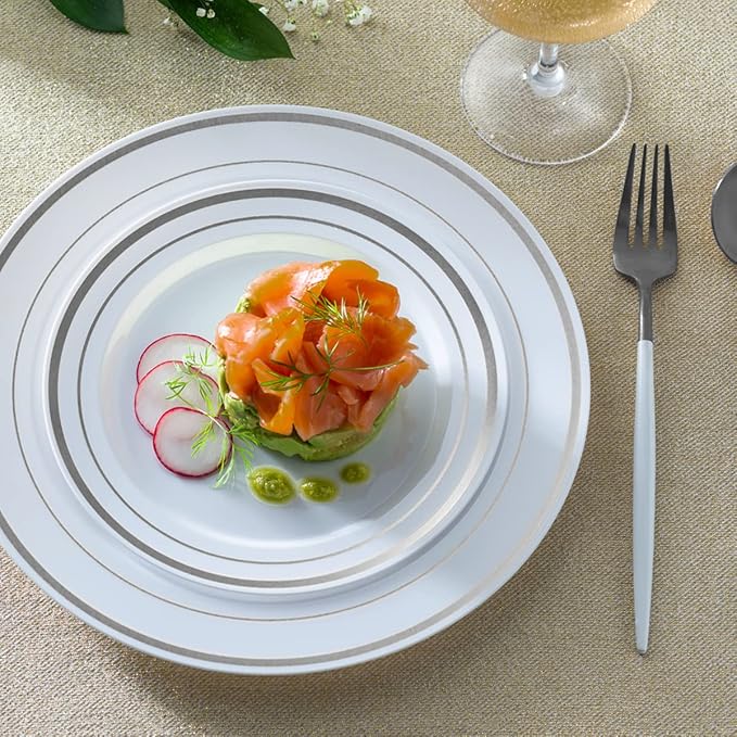 SETUP [60 Piece Combo Silver Trim Plastic Plates - Premium Heavy-Duty 30 Disposable 10.25" Dinner Party Plates and 30 Disposable 7.5" Salad Plates