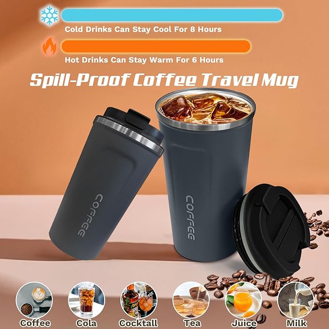 Travel coffee mugs leak-proof, reusable coffee cups with lids, stainless steel vacuum insulated coffee tumblers, thermal insulation cups for men & women keep drinks hot & cold(2nd-Blue, 12OZ)