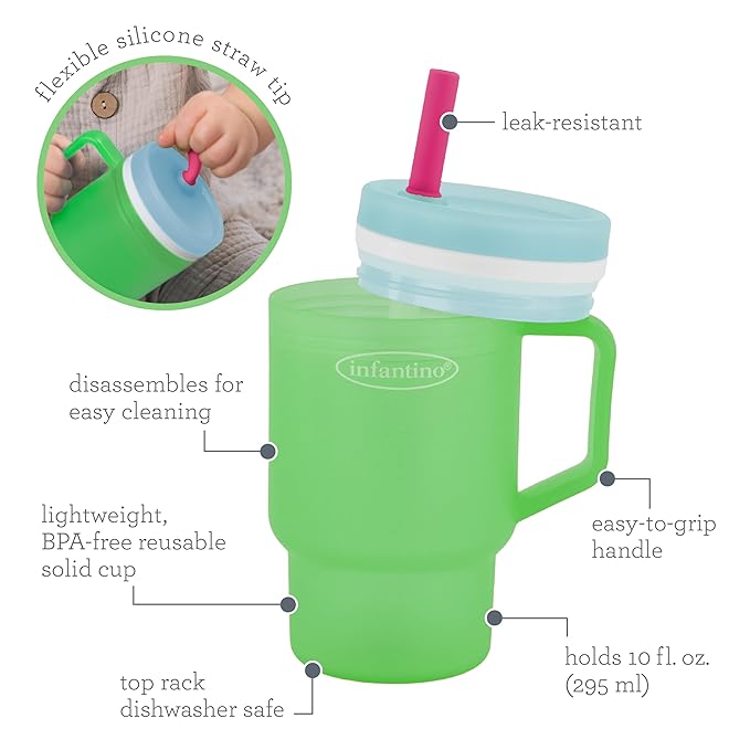 Infantino My 1st Tumbler, Durable Plastic Sippy Cup with Straw & Handle, Spill-Resistant, for On-The-Go, BPA-Free Transition Baby Cup, Green Apple