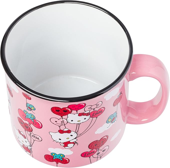 Silver Buffalo Sanrio Hello Kitty Red and Pink Heart, Bow, and Apple Balloons Glitter Pattern Featuring Joey the Mouse Ceramic Camper Mug, 20 Ounces