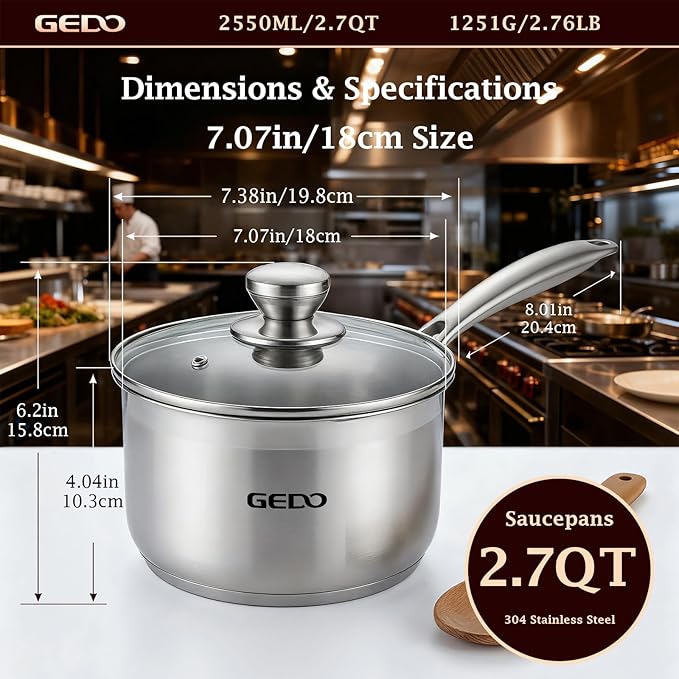 GEDO Food-Grade 316L Stainless Steel Sauce Pan with Glass Lid, 3-Ply Integrated Body Uncoated Cooking Pot, Universal for Induction Gas Ceramic Stovetops, Multi-Purpose Kitchen Cookware (2.7, Quarts)