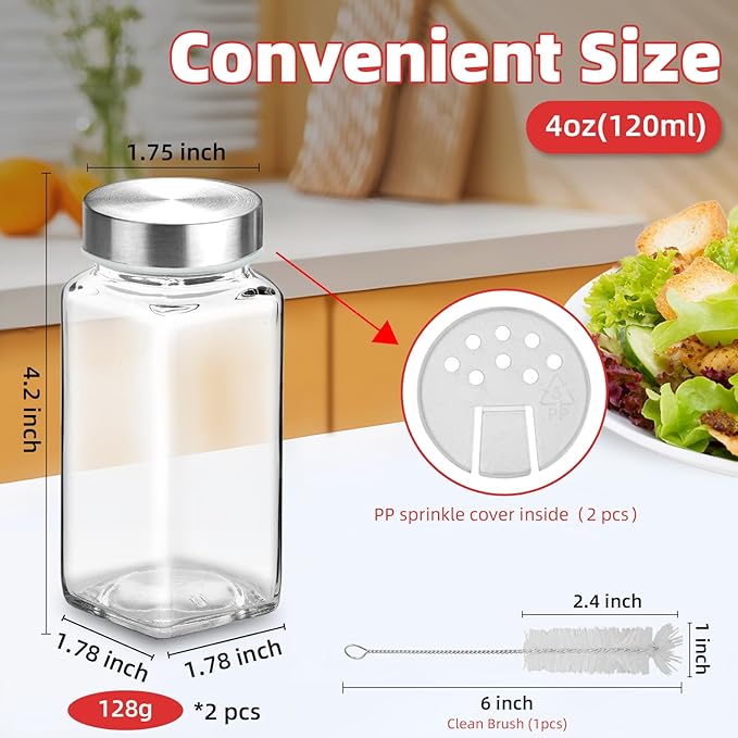 2Pcs 4oz Glass Spice Jars with Shaker Lids, Spice Jars Trial Set & Supplement Set, Empty Spice Containers and Square Spice Bottles for Kitchen (304 Stainless steel Lids)