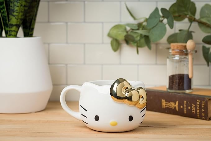 Silver Buffalo Sanrio Hello Kitty Gold Chrome Reflective Bow Ceramic 3D Sculpted Mug, 20 Ounces