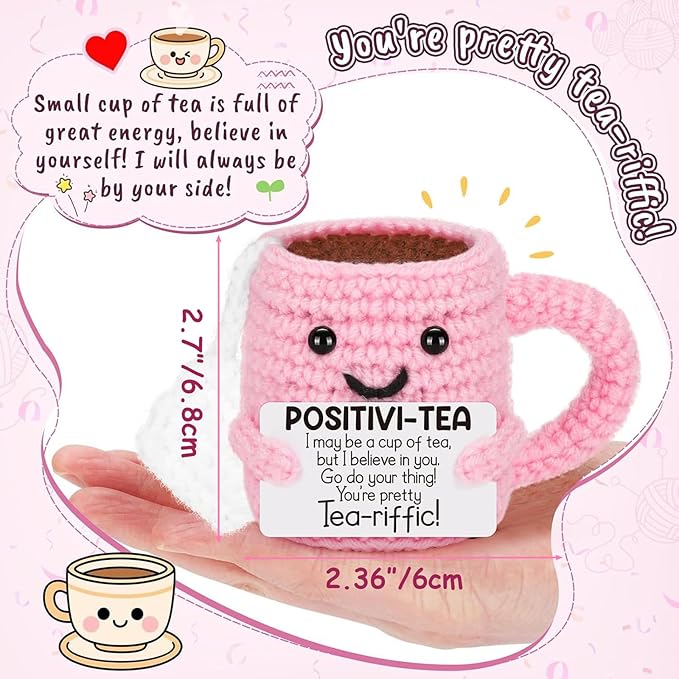 Cute Birthday Gifts for Women, Positive Handmade Crochet Pink Tea Cup Desk Decor–Tea Lovers Funny Unique Emotional Small Gift for Best Friends Girlfriend Wife Mom Coworkers Thank You Valentines Day