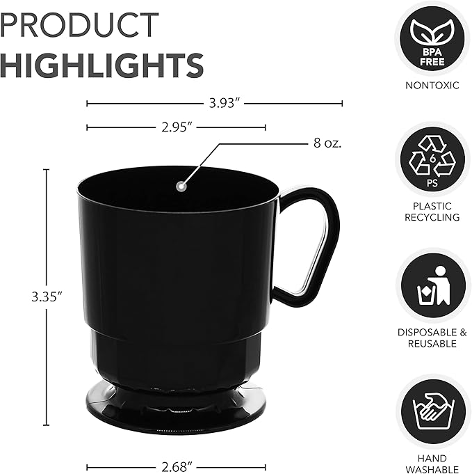 Party Essentials 8-Ounce Hard Plastic Coffee Cup/Tea Mug with Handle, 20-Count, Deluxe Black (Pack of 2)