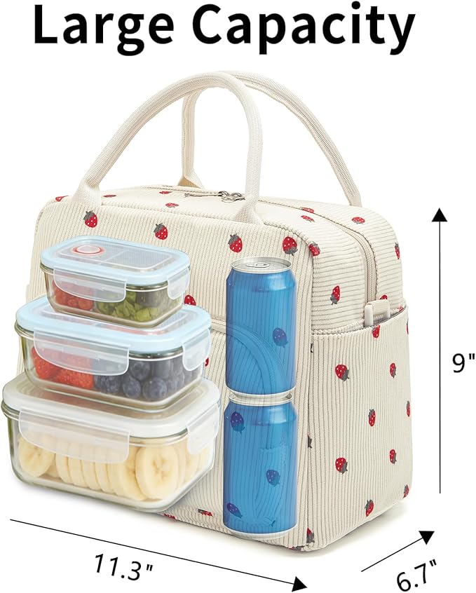 Lunch Box for Women Insulated Lunch Bag Women Adult Cute Lunch Bags Reusable Lunchbox Cooler Tote Bag for Work Picnic (Beige-Strawberry)