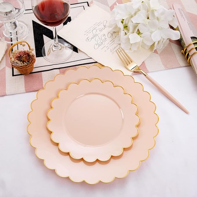LIYH 60 Pcs Pink Plastic Plates with Gold Pink Plates Disposable Plate Includes 30 Dinner 10.25" and 30 Dessert Plate 7.5" for Easter,Baby Shower,Weddings,Parties,Birthday