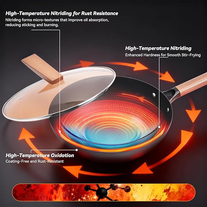 12.6 Inch Carbon Steel Wok Pan with Standable Tempered Glass Lid, Flat Bottom Wok, Non-Coated Stir Fry Pan with Wood Handle for Induction, Gas, Electric and Ceramic Stovetops