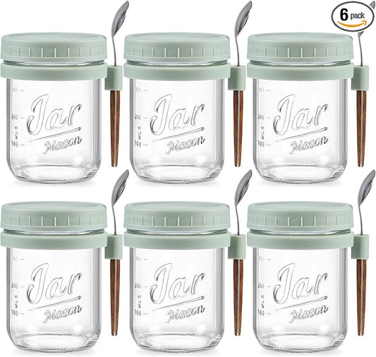 6 Pack Overnight Oats Containers with Lids and Spoons, 16 oz Glass Mason Overnight Oats Jars, Large Capacity Airtight Jars for Milk, Cereal, Fruit(Green)