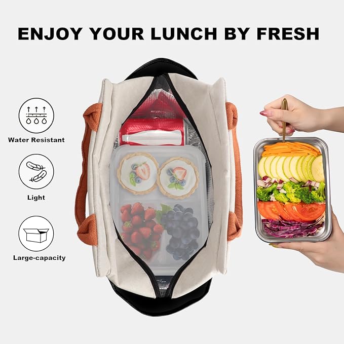 Joymee Lunch Bag Women Insulated Lunch Box Reusable Leakproof Large Spacious Cooler Tote for Women Men Adult with Bottle Holder and Side Pockets for Work Office Travel Picnic - Beige Black