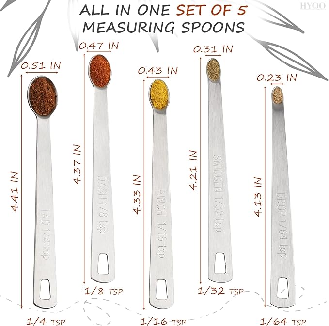 5 Pcs Mini Measuring Spoons Set - Stackable Design, 1/4, 1/8, 1/16, 1/32, 1/64 TSP Sizes, Flat Handle Metal Measuring Spoons Made of Durable Stainless Steel for Cooking, Baking & Small Kitchen Tasks