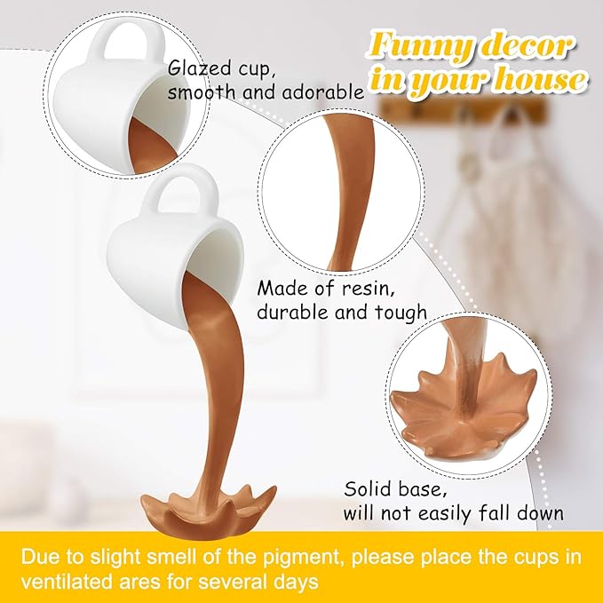Jetec 2 Pcs Floating Spilling Coffee Cup Magic Pouring Splash Coffee Mug Pouring Spilling Mugs Cafe Novelty Funny Cup Sculpture Art Decoration for Home Decor(Cream, Brown)