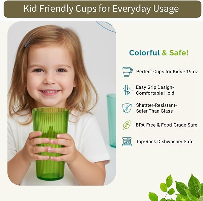 Plastic Drinking Glasses Set of 8, 19oz Unbreakable Kitchen Cups for Kids Dishwasher Safe Reusable Cups BPA Free Stackable Acrylic Tumbler for Kitchen, Bar, Holiday, Party, Dinner
