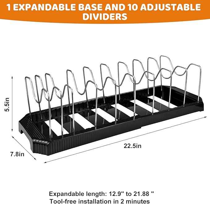 Expandable Pot Rack Organizer, 14 Adjustable Compartments, Pot and Pan Organizer Rack for Cabinet with Cup Brush Dividers, 13 -22" Wide Adjustable Pan Organizer - Pantry Countertop Storage (Black)