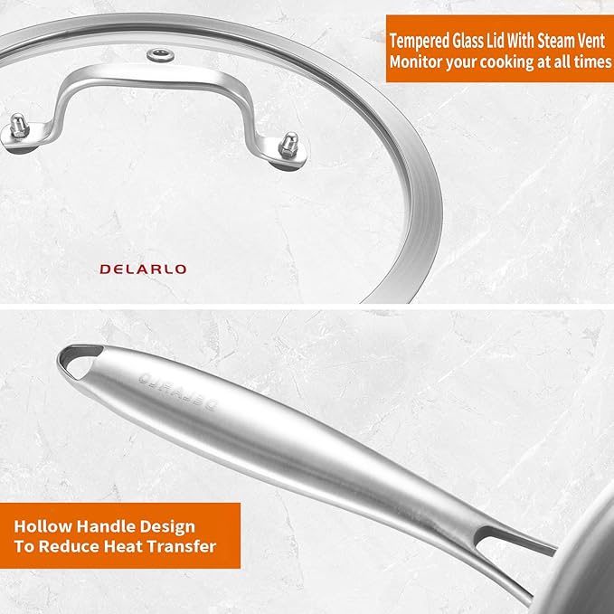 DELARLO Whole Body Tri-Ply Stainless Steel Wok 9.45 inch, Deep Kitchen Stir-Fry Pan, Small Wok Pan with Lids, Induction Mini wok, Suitable for All Stove, Up to 650℉, Detachable Handle