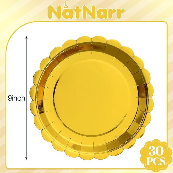 30 Pcs Gold Plates Disposable 9 Inch Scalloped Gold Paper Plates Dessert Cake Plate Cute Party Plate for Wedding, Birthday, Holiday