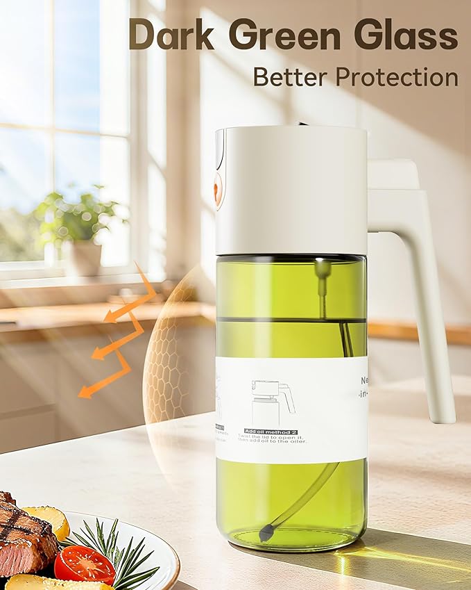 Upgrade 2 in 1 Oil Sprayer for Cooking, 17oz Light-Blocking Glass Olive Oil Dispenser Bottle for Kitchen,Food-Grade Oil Mister with 8 Stickers for Salad, Frying (Green Bottle-White Gap)