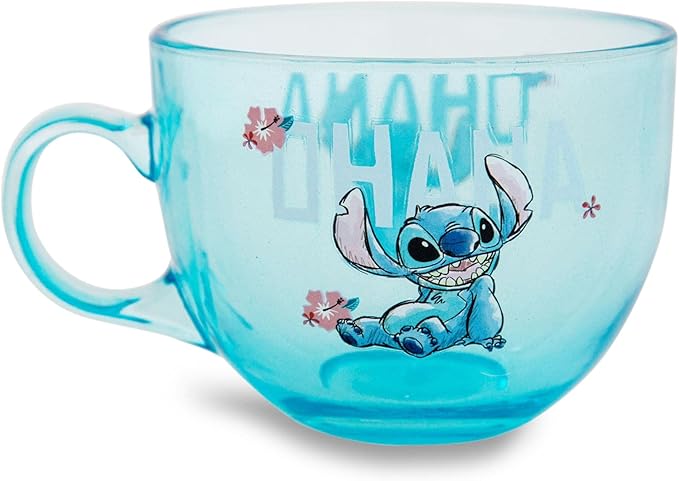 Disney Lilo & Stitch Ohana Glass Coffee Mug | Tropical Large Coffee Cup For Espresso, Caffeine, Beverages, Home & Kitchen Essentials | Cute Gifts and Collectibles | Holds 16 Ounces