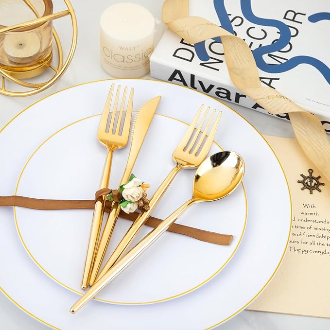 U-QE 120Pcs Gold Plastic Silverware, Luxury Plastic Cutlery, Heavy Weight Flatware, Gold Disposable Utensils Set Include 60 Forks, 30 Spoons,30 Knives for Party