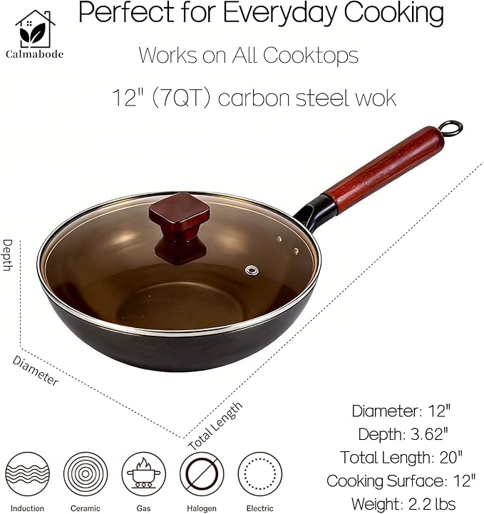 Calmabode 12" Pre-Seasoned Carbon Steel Flat Bottom Wok - Fast, Even Heating - Works on Gas, Electric & Induction - Durable Commercial-Grade - Ready-to-Use, Easy Maintenance - Toxin-Free Cooking