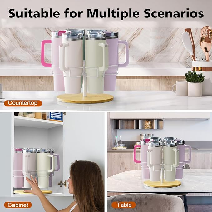 Water Bottle Organizer for Stanley 40 oz, Rotating Stanley Cup Organizer Holder, Tumbler Organizer Holder, Stanley Cup Accessories, Easy to Install, Natural（Patented Product）