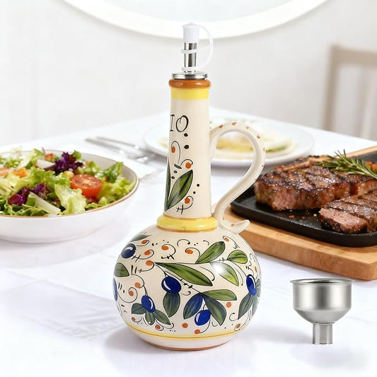 Ceramic Olive Oil Dispenser Bottle 23oz, Hand Painted Olive Oil Bottles, Decorative Stoneware Olive Oil Cruet for Kitchen with Stainless Steel Spout for Oils, Sauces, Vinegar