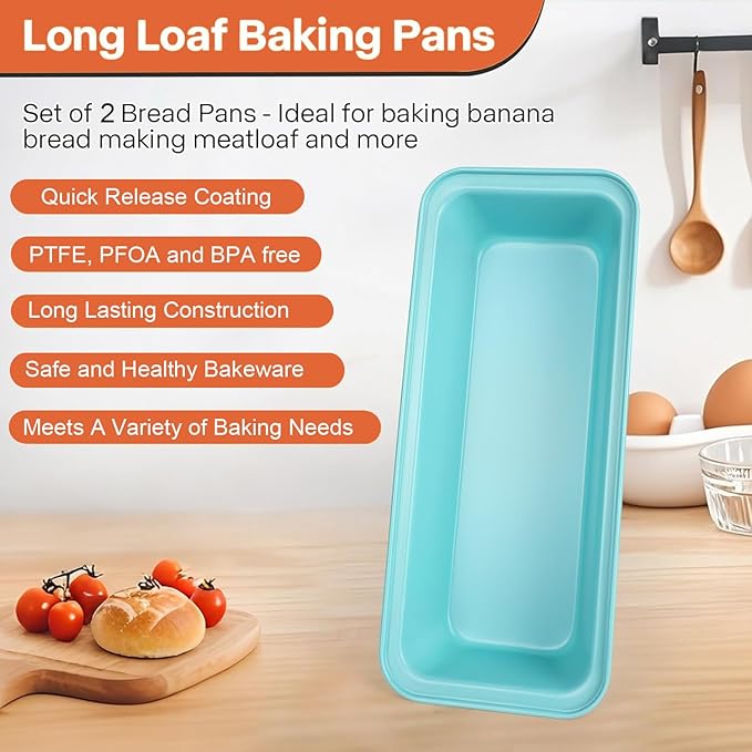 2-Pack 13 x 5 Inch Loaf Pan, Nonstick Carbon Steel Bread Pan for Baking - Large Rectangular Mold for Homemade Sourdough, Banana Bread, Meatloaf & Pound Cake