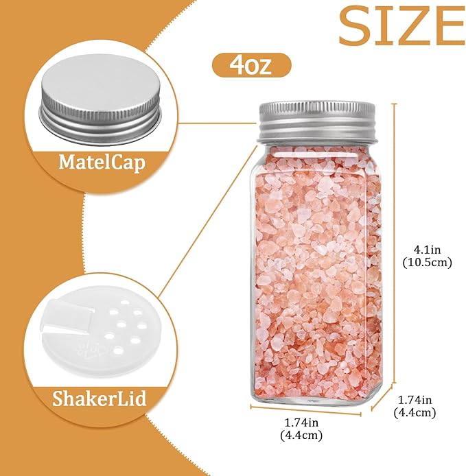 ZUFECY 4oz Glass Spice Bottles with Shaker Lids, Restaurant & Home Kitchen Storage | Square Air-Tight Containers for Spices, Salt, Pepper (Set of 6, 120ml)