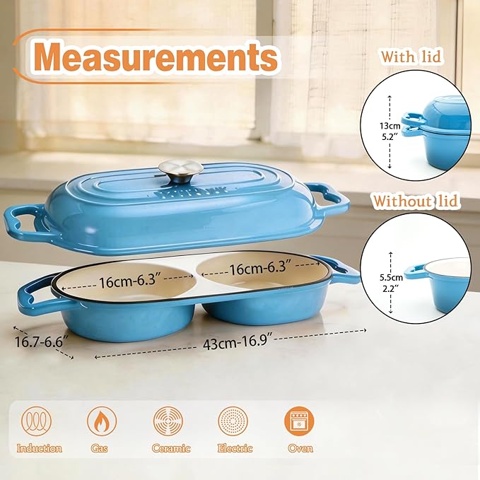 DIY Double Dutch Oven for Sourdough Bread Baking – Enamel Cast Iron Bread Baker with Lid, Bake Two Different Loaves at Once, 500°F Oven Safe, Includes 2×5" Banneton Proofing Baskets