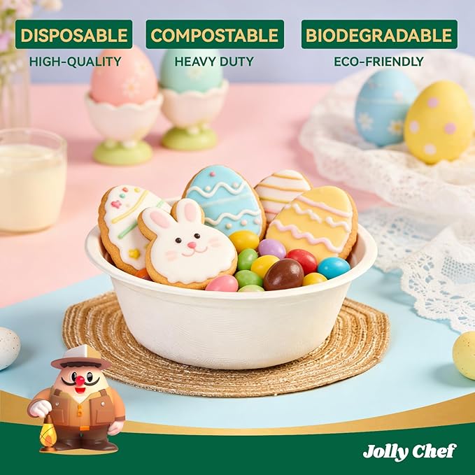 JOLLY CHEF Compostable Disposable Paper Bowl [16 oz] Heavy Duty Soup Containers [150 Pack] Biodegradable Bagasse Hot Cold Food Eco-Friendly Sugarcane Microwavable Bowls for Salad Milk Thanksgiving Day