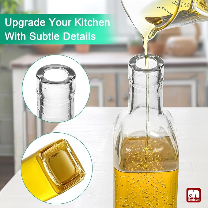 GMISUN Olive Oil Dispenser for Kitchen 8 Pack, Glass Oil Dispenser Bottle 17oz, Cooking Soy Sauce Bottle Container Cruet with Plastic Pourer Spout, Funnel and Labels, Clear