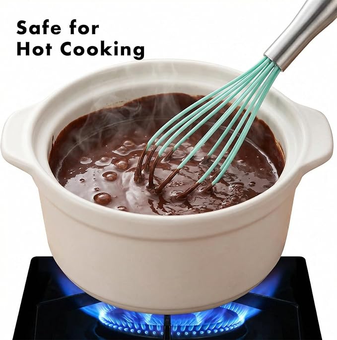 10-Inch Teal Silicone Whisk, Heat Resistant 480°F Kitchen Whisk with Stainless Steel Ergonomic Handle, Non-Scratch for Nonstick Cookware, Dishwasher Safe, Perfect for Blending, Cooking & Beating